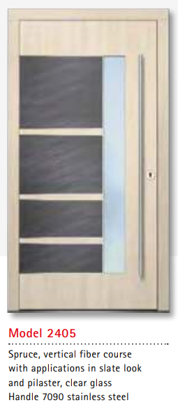 UNILUX Model 2405 Spruce Door with Slate Look, Vertical Fiber, Pilaster, Triple Glazing, Secure Modern Wooden Front Door